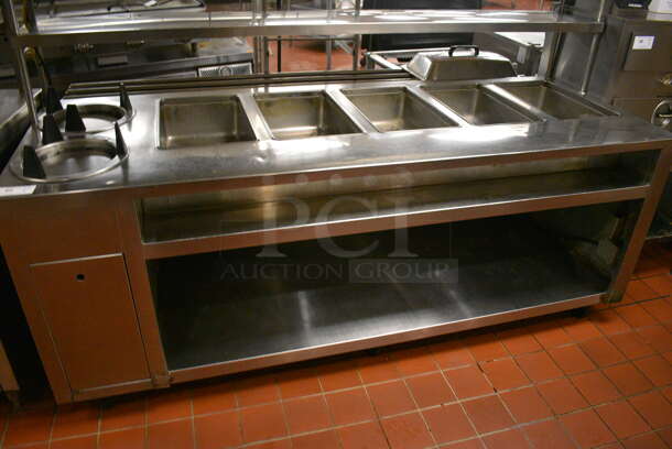 Stainless Steel Commercial Electric Powered 5 Bay Steam Table w/ 2 Plate Return Chutes, Double Over Shelf, Warming Strip and Under Shelf on Commercial Casters. 88.5x45x63. Unit Was In Working Condition When Restaurant Closed. (kitchen) - Image 2 of 7