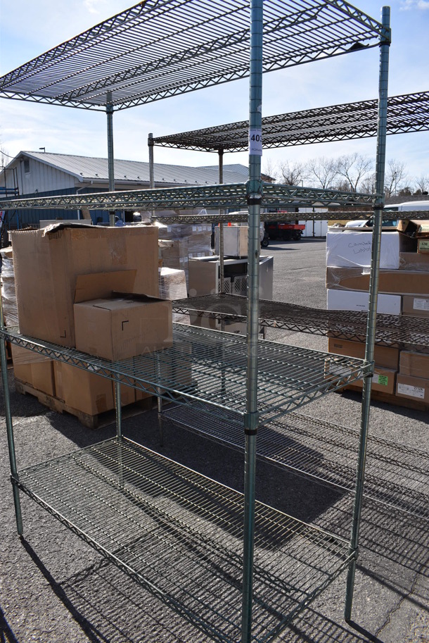 Chrome Finish 4 Tier Shelving Unit w/ Contents. BUYER MUST DISMANTLE. PCI CANNOT DISMANTLE FOR SHIPPING. PLEASE CONSIDER FREIGHT CHARGES. 54x24x79. (warehouse)  - Image 1 of 4
