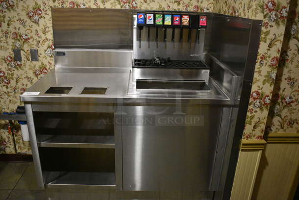 Stainless Steel Commercial Soda Station w/ Back Splash, Side Splash Guard and Under Shelves. Does Not Include Soda Machine. BUYER MUST REMOVE. 54x30.5x48.5. (buffet - drink station)