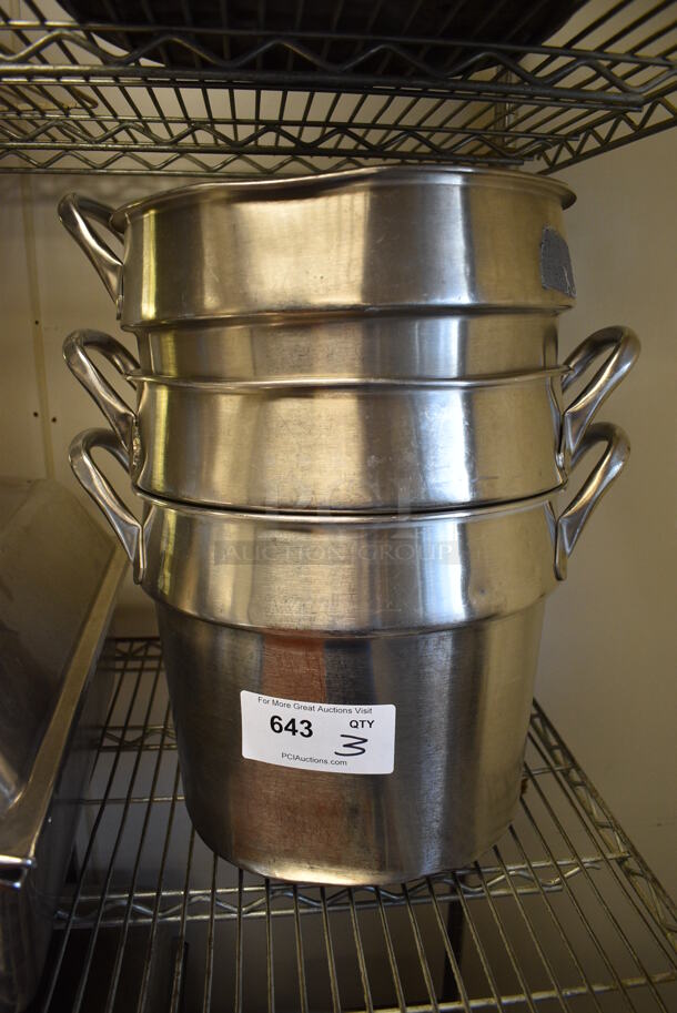 3 Stainless Steel Cylindrical Drop In Bins. 1 w/ Handle and 2 w/ Handles. 16x13x13. 3 Times Your Bid! (drop in bin kitchen)