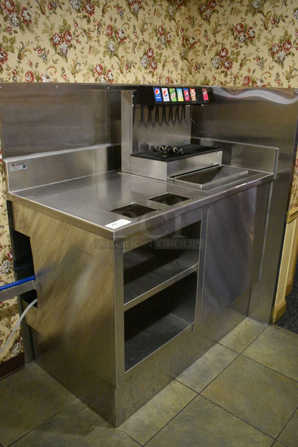Stainless Steel Commercial Soda Station w/ Back Splash, Side Splash Guard and Under Shelves. Does Not Include Soda Machine. BUYER MUST REMOVE. 54x30.5x48.5. (buffet - drink station) - Image 6 of 6