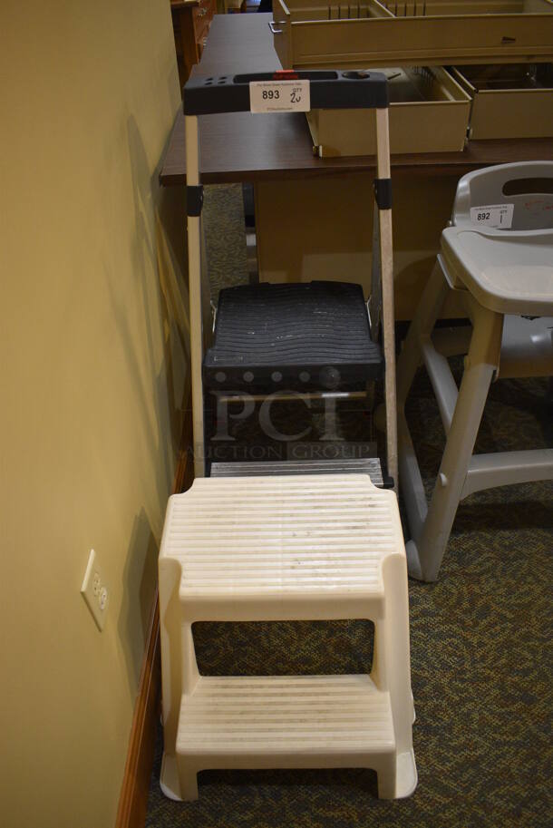2 Items; Ladder and Step Stool. 16x18x16, 14.5x205x47. 2 Times Your Bid! (gift shop)