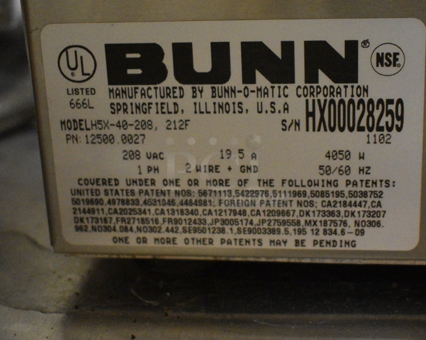 Bunn Model H5X-40-208 Stainless Steel Commercial Countertop Hot Water Dispenser. 208 Volts, 1 Phase. 7x17x28.5. Unit Was In Working Condition When Restaurant Closed.  (buffet - drink station) - Image 4 of 4