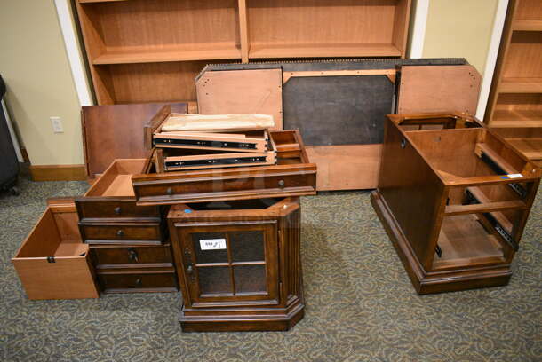 Wooden Desk; Desktop, 2 Bases and 4 Drawers. 72x36x6.5 Desktop. 22x32x25 Bases. (gift shop)