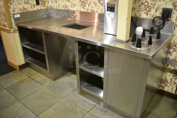 Stainless Steel Commercial Soda Station w/ 2 Well Plate Return and Under Shelves. BUYER MUST REMOVE. 92x30x43. (buffet - drink station)