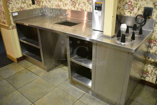 Stainless Steel Commercial Soda Station w/ 2 Well Plate Return and Under Shelves. BUYER MUST REMOVE. 92x30x43. (buffet - drink station) - Image 1 of 6