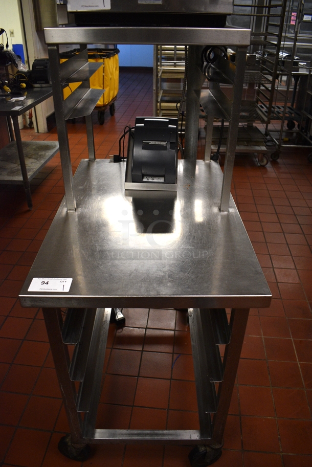 Stainless Steel Commercial Table w/ Lower Pan Rack and Over Shelf on Commercial Casters. Does Not Include Contents. 24x36x57.5. (kitchen)