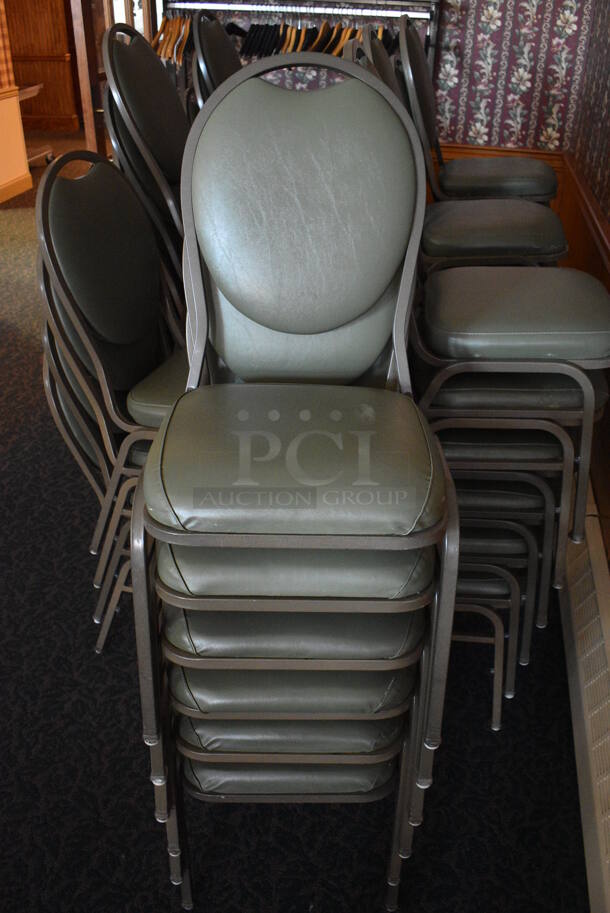 16 Green Stackable Banquet Chairs on Metal Frame. Stock Picture - Cosmetic Condition May Vary. 18x19x36. 16 Times Your Bid! (sunroom dining room)