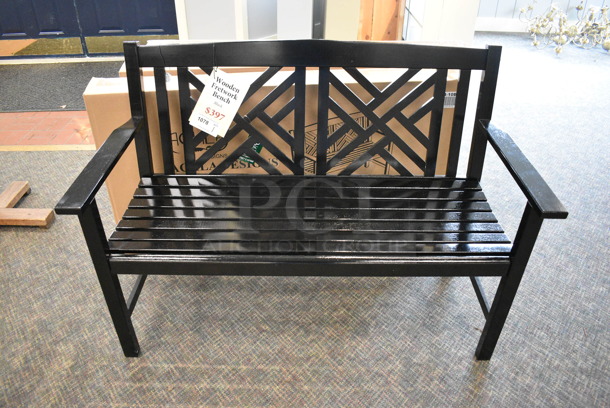 BRAND NEW! Achla Black Wooden Bench. 50x23x35. (garden center) - Image 1 of 5
