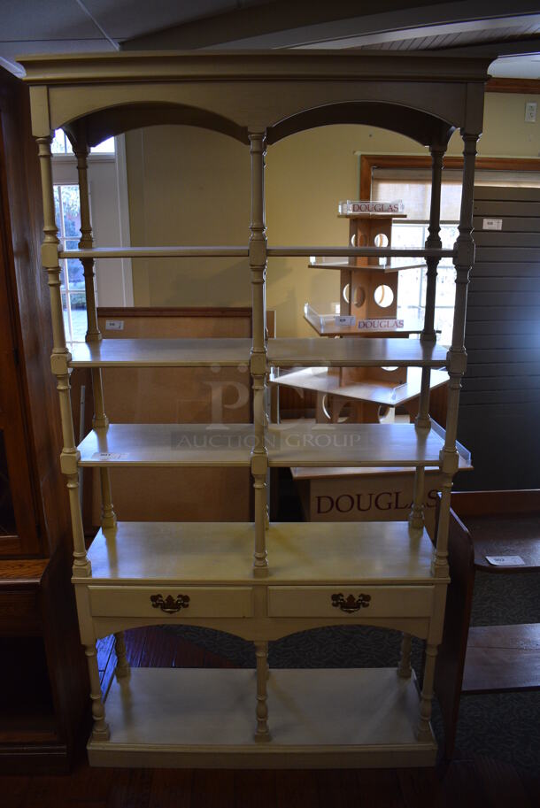 White Wood Pattern Shelving Unit w/ 2 Drawers and Under Shelf. 42.5x15.5x80. (gift shop) - Image 1 of 4