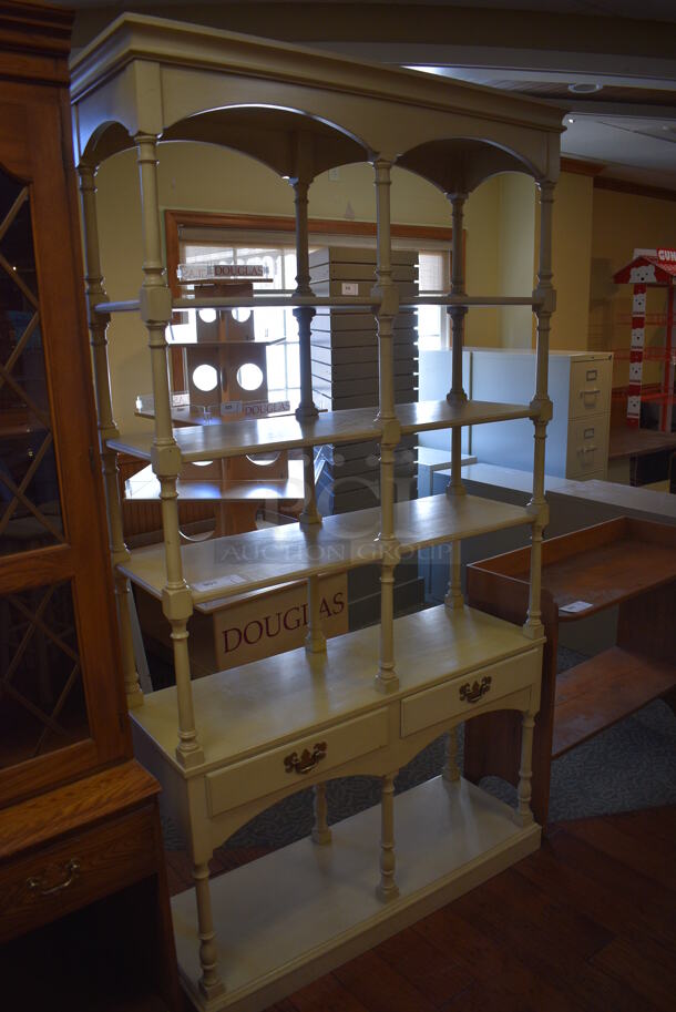 White Wood Pattern Shelving Unit w/ 2 Drawers and Under Shelf. 42.5x15.5x80. (gift shop) - Image 2 of 4