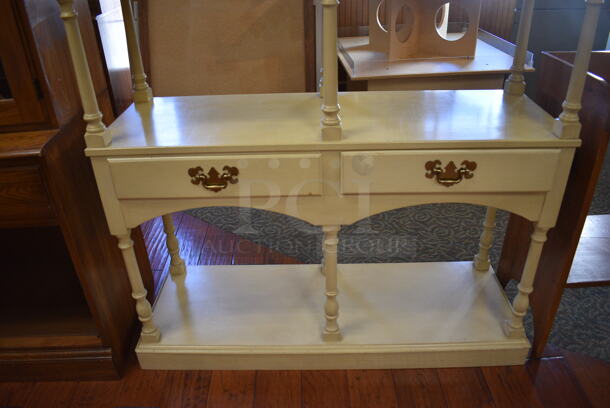 White Wood Pattern Shelving Unit w/ 2 Drawers and Under Shelf. 42.5x15.5x80. (gift shop) - Image 3 of 4