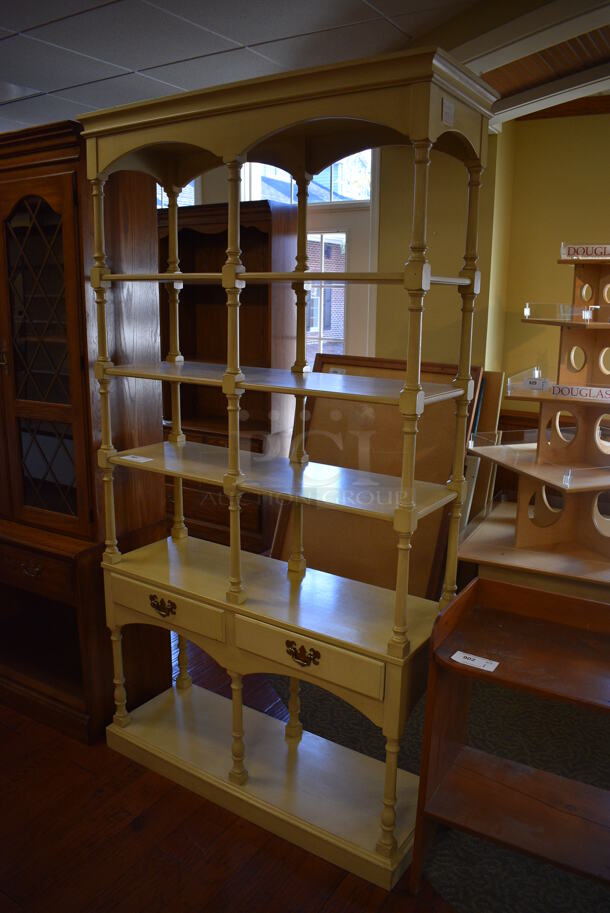 White Wood Pattern Shelving Unit w/ 2 Drawers and Under Shelf. 42.5x15.5x80. (gift shop) - Image 4 of 4