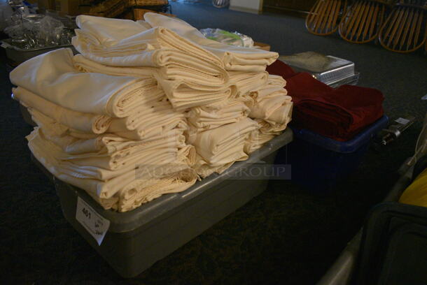 ALL ONE MONEY! Lot of 2 Poly Bins of White and Red Tablecloths! 24x16x8.5. 54x54. (main dining room)