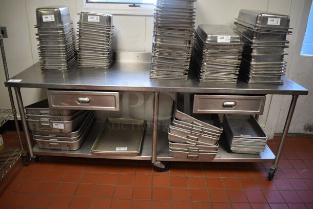 Stainless Steel Commercial Table w/ Back Splash, 2 Drawers and Under Shelf on Commercial Casters. Does Not Come w/ Contents. 96x30x40. (drop in bin kitchen) - Image 2 of 6