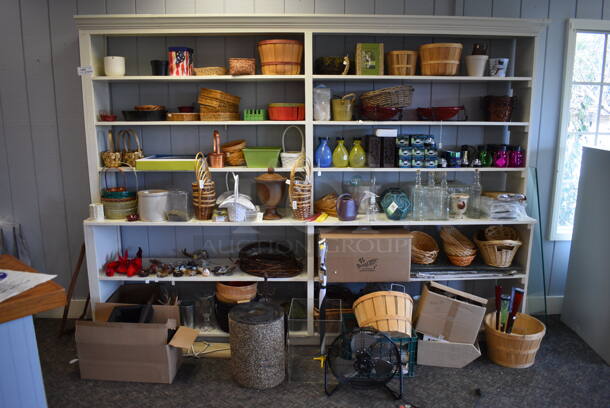 White Wooden Shelving Unit w/ Contents Including Baskets. BUYER MUST REMOVE. 114x20x89. (garden center) - Image 1 of 9