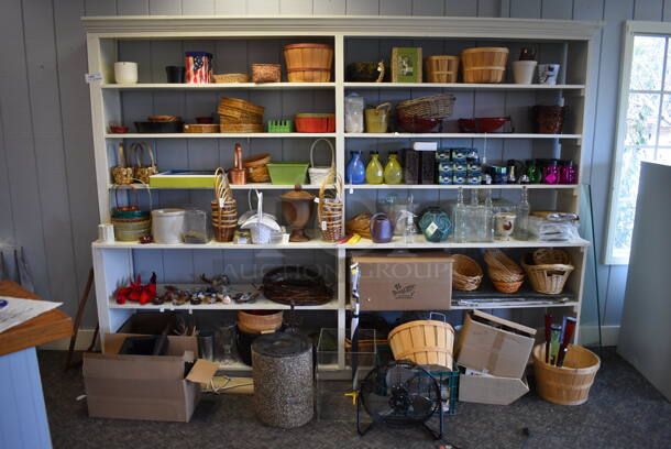 White Wooden Shelving Unit w/ Contents Including Baskets. BUYER MUST REMOVE. 114x20x89. (garden center)