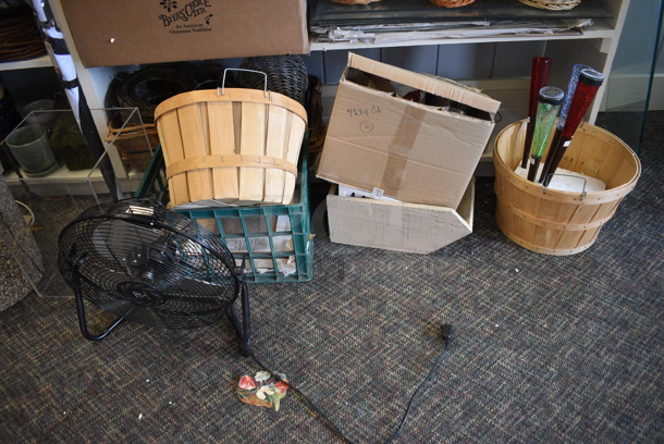 White Wooden Shelving Unit w/ Contents Including Baskets. BUYER MUST REMOVE. 114x20x89. (garden center) - Image 2 of 9