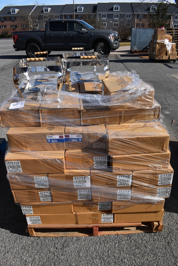 ALL ONE MONEY! Pallet Lot of Various Items Including Chafing Dish Frames and Hibiscus Placemats. (warehouse) - Image 1 of 5