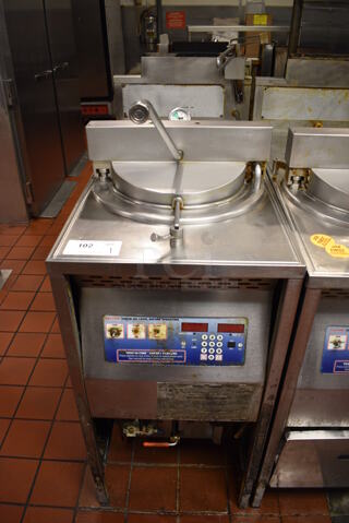 Broaster Model 1800GH Stainless Steel Commercial Floor Style Natural Gas Powered Pressure Fryer. 18x34x48. Unit Was In Working Condition When Restaurant Closed. (kitchen)