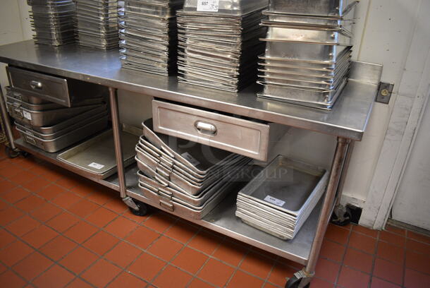 Stainless Steel Commercial Table w/ Back Splash, 2 Drawers and Under Shelf on Commercial Casters. Does Not Come w/ Contents. 96x30x40. (drop in bin kitchen) - Image 4 of 6