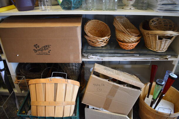 White Wooden Shelving Unit w/ Contents Including Baskets. BUYER MUST REMOVE. 114x20x89. (garden center) - Image 3 of 9