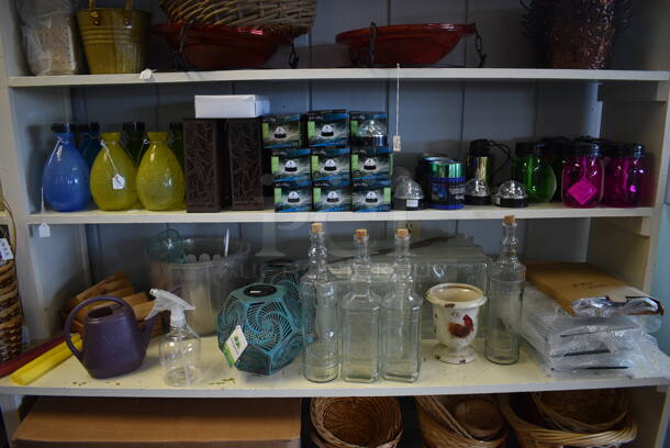 White Wooden Shelving Unit w/ Contents Including Baskets. BUYER MUST REMOVE. 114x20x89. (garden center) - Image 4 of 9