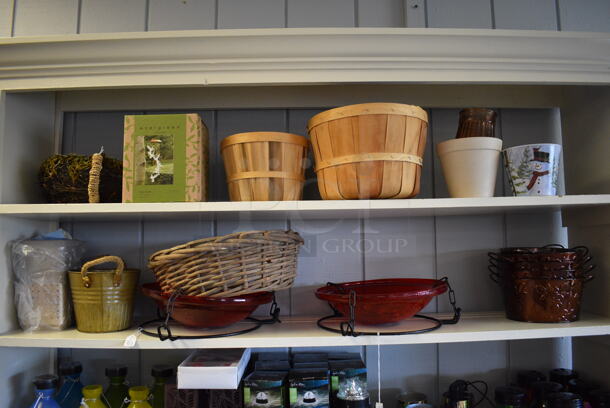 White Wooden Shelving Unit w/ Contents Including Baskets. BUYER MUST REMOVE. 114x20x89. (garden center) - Image 5 of 9