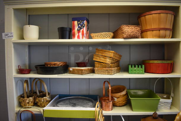 White Wooden Shelving Unit w/ Contents Including Baskets. BUYER MUST REMOVE. 114x20x89. (garden center) - Image 6 of 9