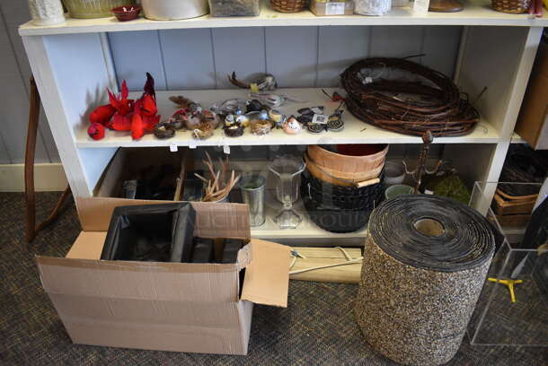 White Wooden Shelving Unit w/ Contents Including Baskets. BUYER MUST REMOVE. 114x20x89. (garden center) - Image 7 of 9
