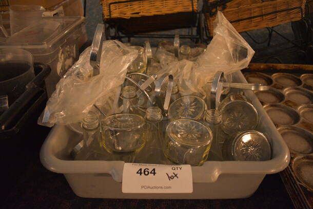 ALL ONE MONEY! Lot of Glass Liquid Condiment Bottles and Metal Holders in Gray Bus Bin! (main dining room)