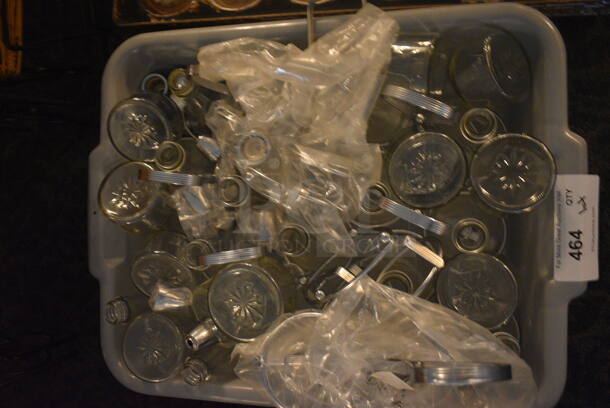 ALL ONE MONEY! Lot of Glass Liquid Condiment Bottles and Metal Holders in Gray Bus Bin! (main dining room) - Image 2 of 3