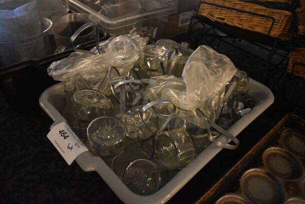 ALL ONE MONEY! Lot of Glass Liquid Condiment Bottles and Metal Holders in Gray Bus Bin! (main dining room) - Image 3 of 3