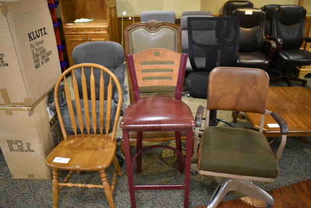 6 Various Chairs Including 2 Wooden Dining, Wooden Bar Height and 3 Office Chairs. Includes 22x19x36. 6 Times Your Bid! (gift shop)