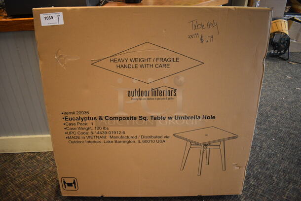 BRAND NEW IN BOX! Outdoor Interiors Eucalyptus and Composite Square Table. (garden center)