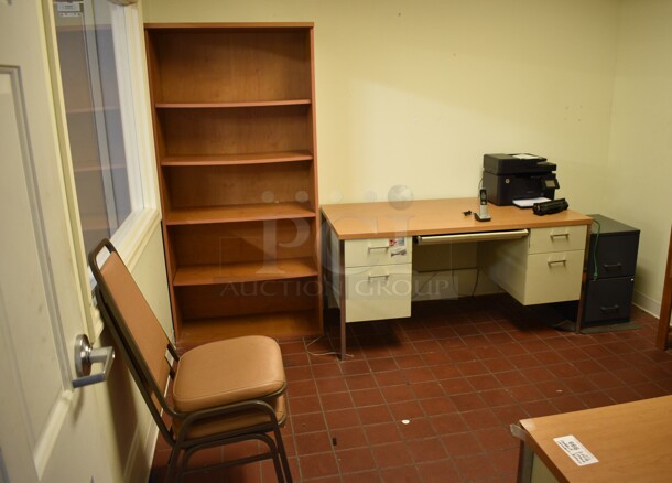 ALL ONE MONEY! Lot of 2 Desks, 2 Filing Cabinets, 1 Bookshelf, 1 Printer and 2 Chairs! BUYER MUST REMOVE. Desk 60x30x29.5. (bakery kitchen) - Image 1 of 4