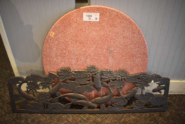 ALL ONE MONEY! Lot of Round Red Tabletop and Metal Fish Piece. 48x1x15, 30x30x1. (garden center)