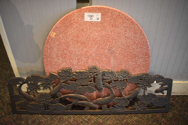 ALL ONE MONEY! Lot of Round Red Tabletop and Metal Fish Piece. 48x1x15, 30x30x1. (garden center) - Image 1 of 4