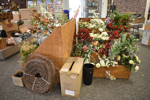 ALL ONE MONEY! Mega Lot of Various Fake Flowers and 2 Wooden Stands! BUYER MUST REMOVE. (garden center)