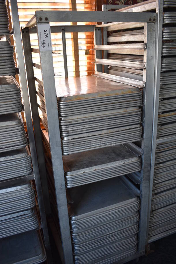 Metal Commercial Pan Transport Rack w/ 62 Metal Full Size Baking Pans on Commercial Casters. 22.5x26.5x64. 18x26x1. (sunroom dining room) - Image 2 of 6
