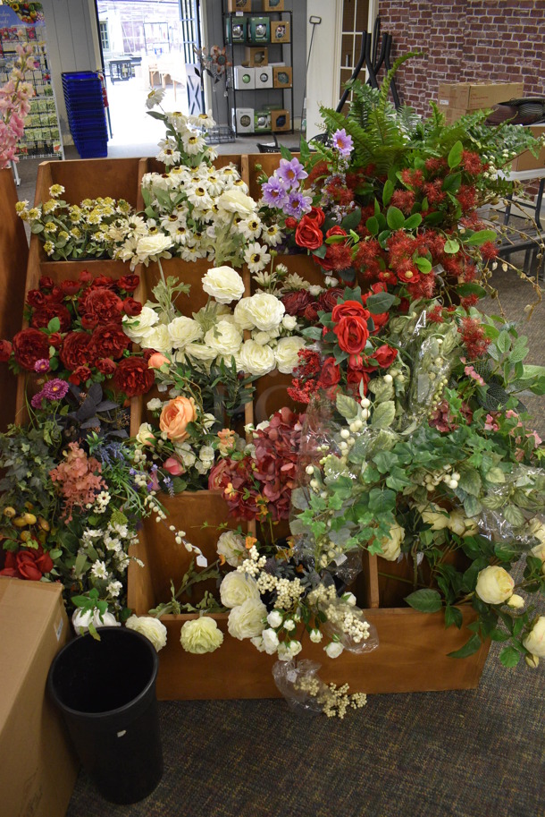 ALL ONE MONEY! Mega Lot of Various Fake Flowers and 2 Wooden Stands! BUYER MUST REMOVE. (garden center) - Image 2 of 7