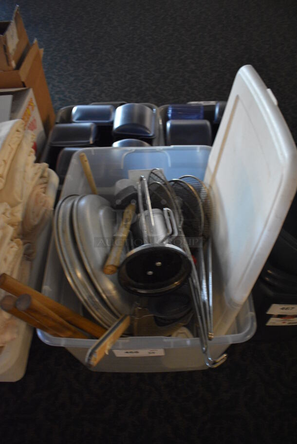 ALL ONE MONEY! Lot of Various Metal Items Including Skimmers, Metal Lids in Clear Poly Bin! 23x16x12. (main dining room)