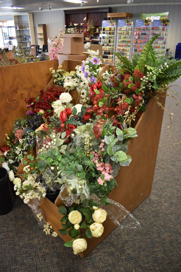 ALL ONE MONEY! Mega Lot of Various Fake Flowers and 2 Wooden Stands! BUYER MUST REMOVE. (garden center) - Image 3 of 7