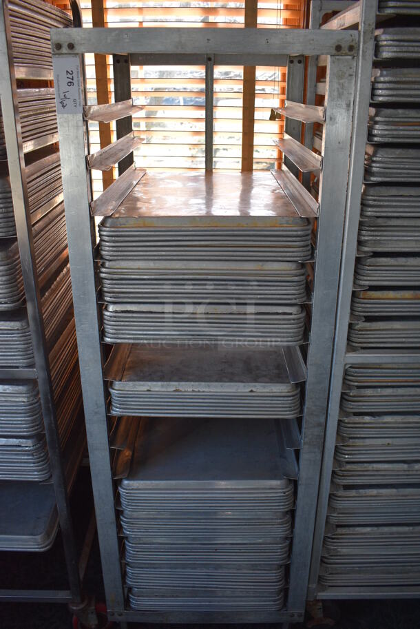 Metal Commercial Pan Transport Rack w/ 62 Metal Full Size Baking Pans on Commercial Casters. 22.5x26.5x64. 18x26x1. (sunroom dining room) - Image 4 of 6