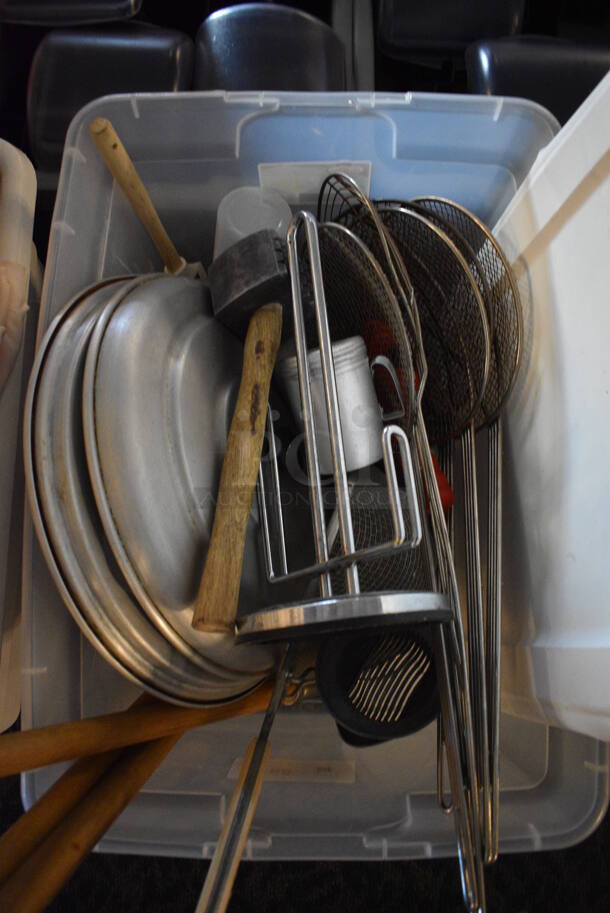 ALL ONE MONEY! Lot of Various Metal Items Including Skimmers, Metal Lids in Clear Poly Bin! 23x16x12. (main dining room) - Image 2 of 4