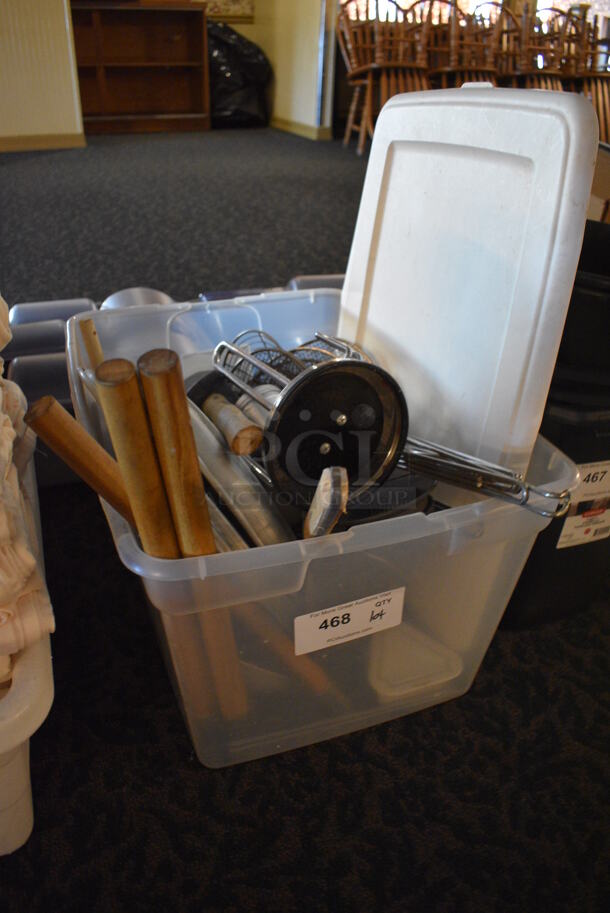 ALL ONE MONEY! Lot of Various Metal Items Including Skimmers, Metal Lids in Clear Poly Bin! 23x16x12. (main dining room) - Image 3 of 4