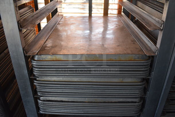 Metal Commercial Pan Transport Rack w/ 62 Metal Full Size Baking Pans on Commercial Casters. 22.5x26.5x64. 18x26x1. (sunroom dining room) - Image 6 of 6