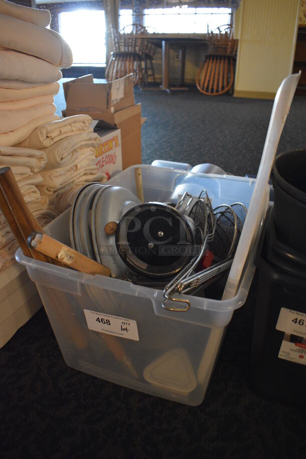 ALL ONE MONEY! Lot of Various Metal Items Including Skimmers, Metal Lids in Clear Poly Bin! 23x16x12. (main dining room) - Image 4 of 4