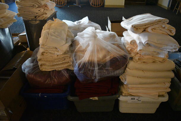 ALL ONE MONEY! Lot of 3 Bins of White and Maroon Tablecloths! 24x16x8.5. 54x120. (main dining room) - Image 1 of 5