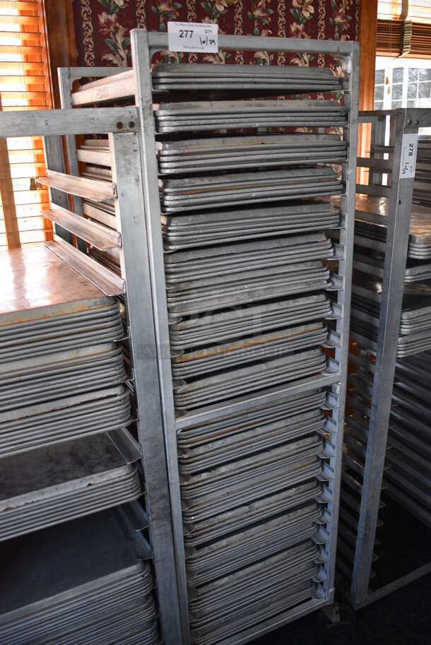 Metal Commercial Pan Transport Rack w/ 79 Metal Full Size Baking Pans on Commercial Casters. 20.5x26x69. 18x26x1. (sunroom dining room) - Image 2 of 4